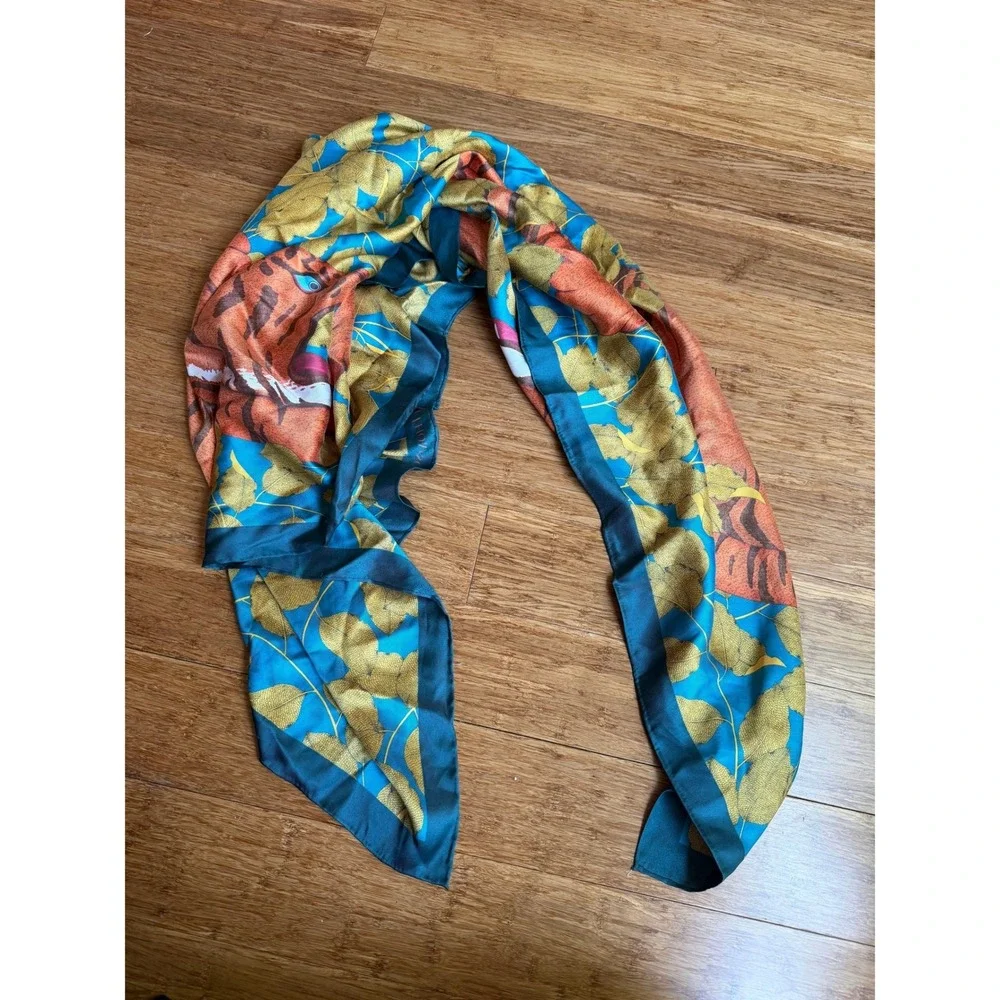 JIM THOMPSON Junglecore Sarari Silk Scarf Women Teal Tiger Twill Printed Scarf